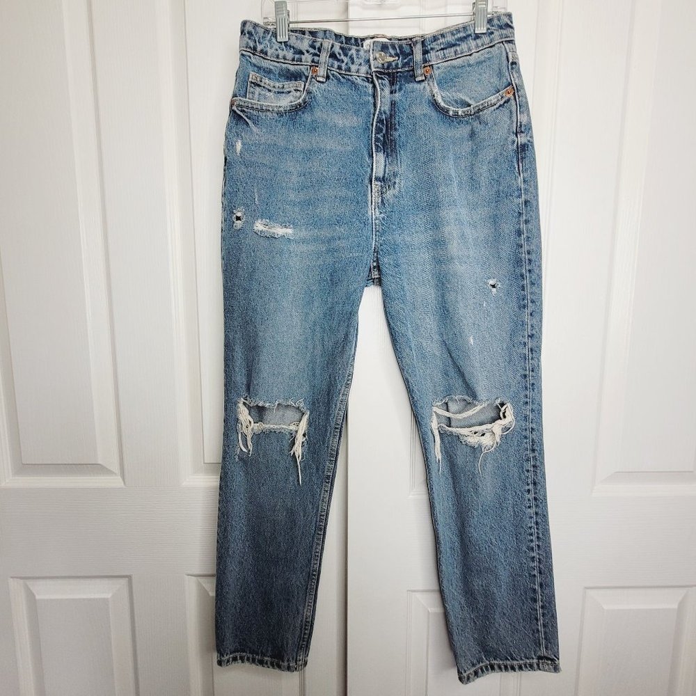 Zara Womens Tapered High Rise Jean Size 10 Distressed Medium Wash